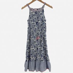 FatFace Girl's Tropical Print Cotton Midi Dress in Blue/White | Size 12/13